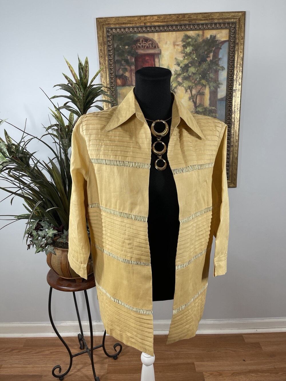 Lino USA‎ Linen Jacket Womens Small Beige Tan Open Front Long Sleeve Duster